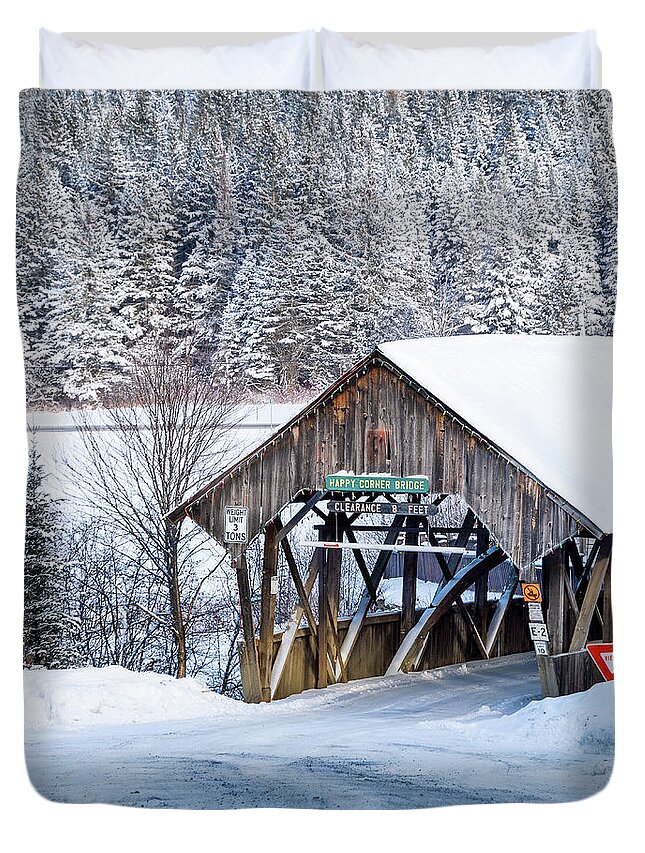 Covered Duvet Cover featuring the photograph Happy Corner Covered Bridge Vertical - Pittsburg, New Hampshire by John Rowe