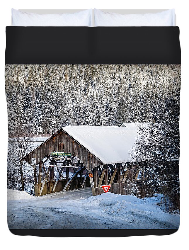 America Duvet Cover featuring the photograph Happy Corner Covered Bridge Vertical - Pittsburg, New Hampshire - No Signs by John Rowe