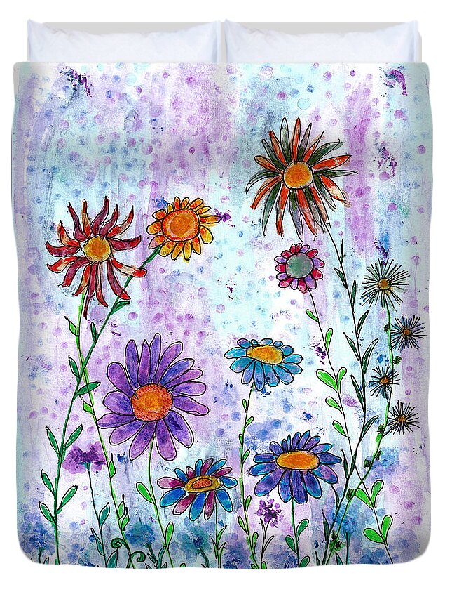 Happy Flowers Duvet Cover featuring the painting Happy Field of Whimsy Colorful Wildflowers by Ramona Matei
