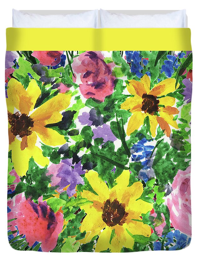 Happy Duvet Cover featuring the painting Happy Impressionistic Flowers Yellow Pink Blue Watercolor Bouquet by Irina Sztukowski