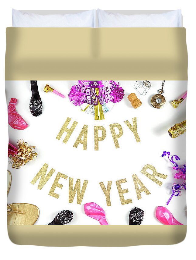 2020 Duvet Cover featuring the photograph Happy New Year's Eve banner with champagne and pink and gold party decorations. by Milleflore Images