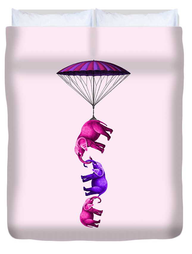 Elephant Duvet Cover featuring the mixed media Happy parachute elephants by Madame Memento