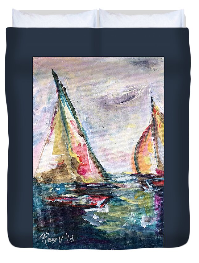 Abstract Boats Duvet Cover featuring the painting Happy Sails by Roxy Rich