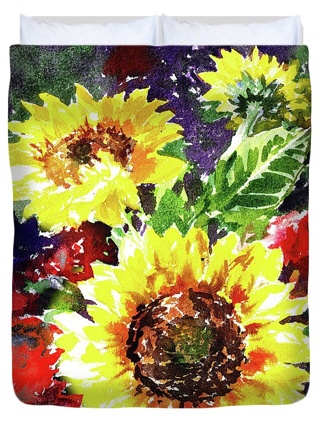 Sunflowers Duvet Cover featuring the painting Happy Splash Of Watercolor Sunflowers by Irina Sztukowski