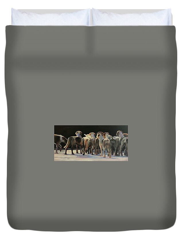 Hounds Duvet Cover featuring the painting Happy Tails Waggin Train by Susan Bradbury