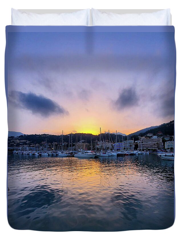 Sunset Duvet Cover featuring the photograph Harbor Sunset by Andrea Whitaker