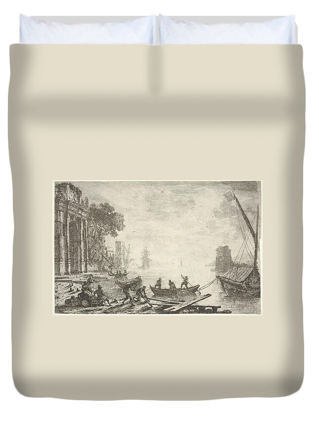 Italy Duvet Cover featuring the painting Harbor with rising sun figures in foreground colonnade on left Claude by MotionAge Designs