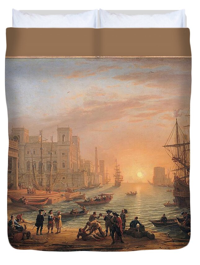 Italy Duvet Cover featuring the painting Harbour Scene at Sunset by MotionAge Designs