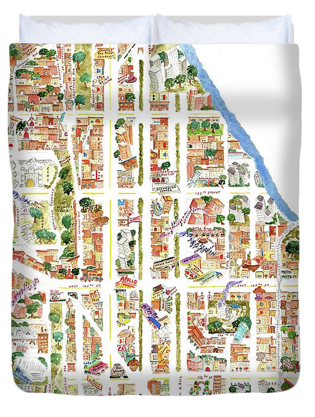 Harlem Duvet Cover featuring the painting Harlem Map from 106-155th Streets by Afinelyne