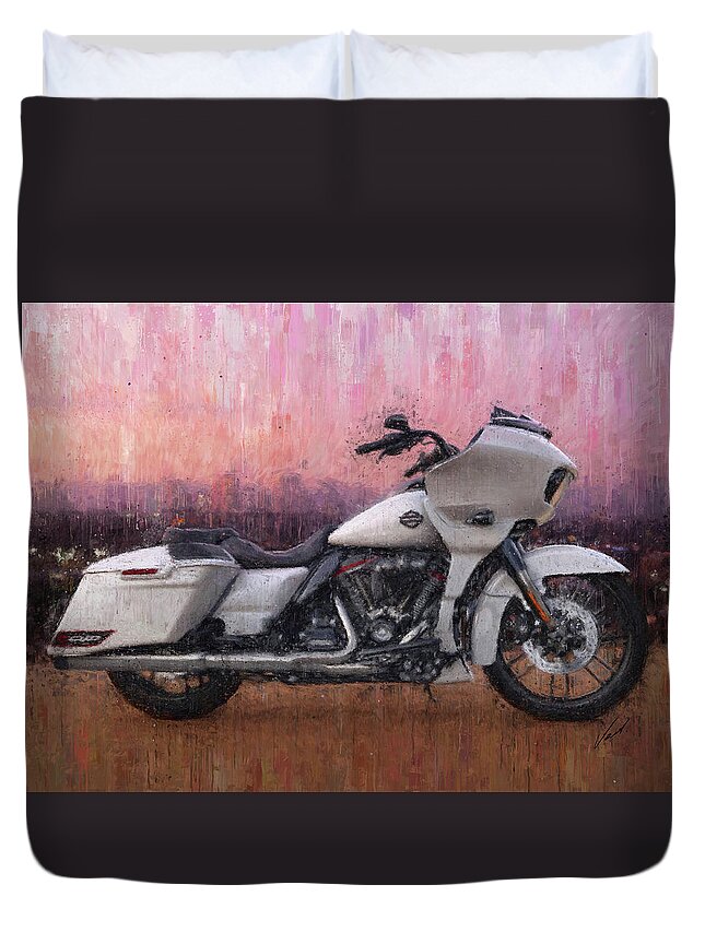 Motorcycle Duvet Cover featuring the painting Harley-Davidson STREET GLIDE white Motorcycle by Vart by Vart