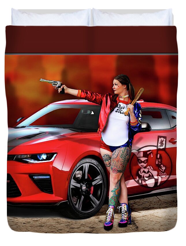 Harley Duvet Cover featuring the photograph Harley Quinn Pistols and Car by Jon Volden