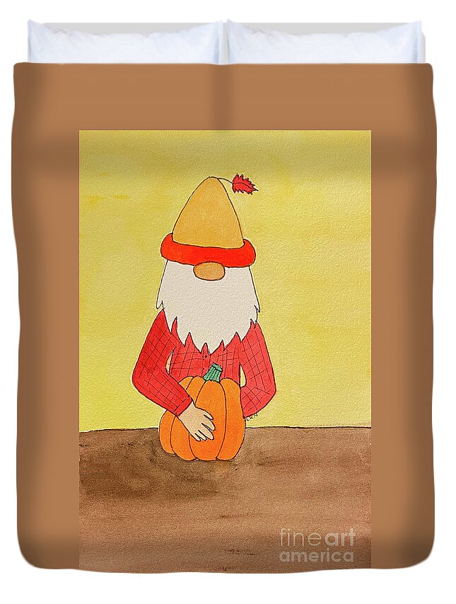 Gnome Duvet Cover featuring the mixed media Harvest Gnome by Lisa Neuman