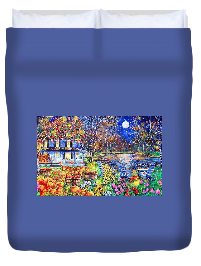 Harvest Moon Featuring A Full Moon On A Halloween Evening Duvet Cover featuring the painting Harvest Moon by Diane Phalen