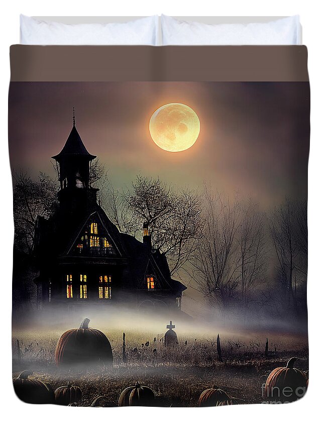 House Duvet Cover featuring the photograph Haunted house on pumpkin field. Halloween night scene. by Jelena Jovanovic