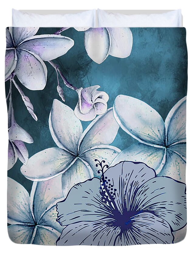 Plumeria Duvet Cover featuring the digital art Hawaiian Plumeria at Dusk by J Marielle