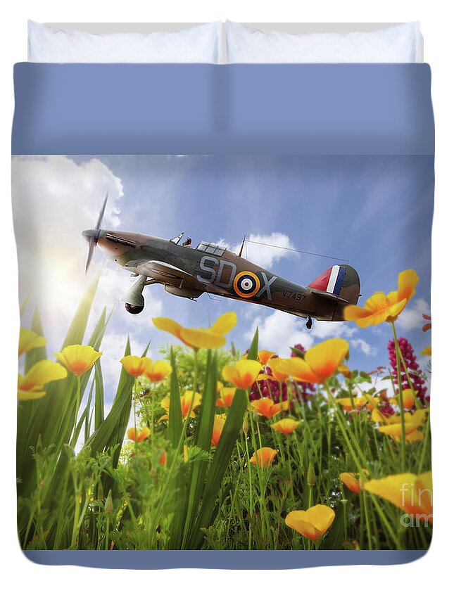 Hurricane; Raf; Sd-x; Hawker; Aeroplane; Poppies; Plane; Military; Aircraft; Airplane; Airshow; Battle Of Britain; British; Ww2; Canopy; Closeup; Clouds; Combat; Poppy; England; Fighter; Flowers; Flying; Historic; Iconic; Landscape; Mk1; Pilot; Retro; Remembrance; Mark1 Duvet Cover featuring the photograph Hawker Hurricane flying over poppies in spring by Simon Bratt