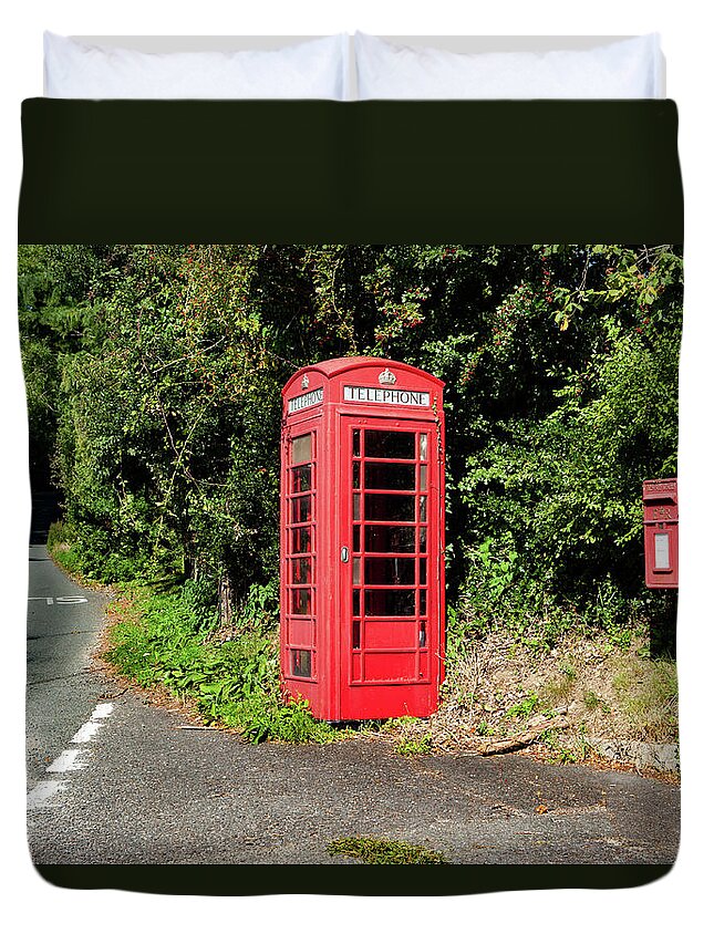 Hawkmoor Cottages Red Telephone Box Dartmoor Duvet Cover featuring the photograph Hawkmoor Cottages Red Telephone Box Dartmoor by Helen Jackson
