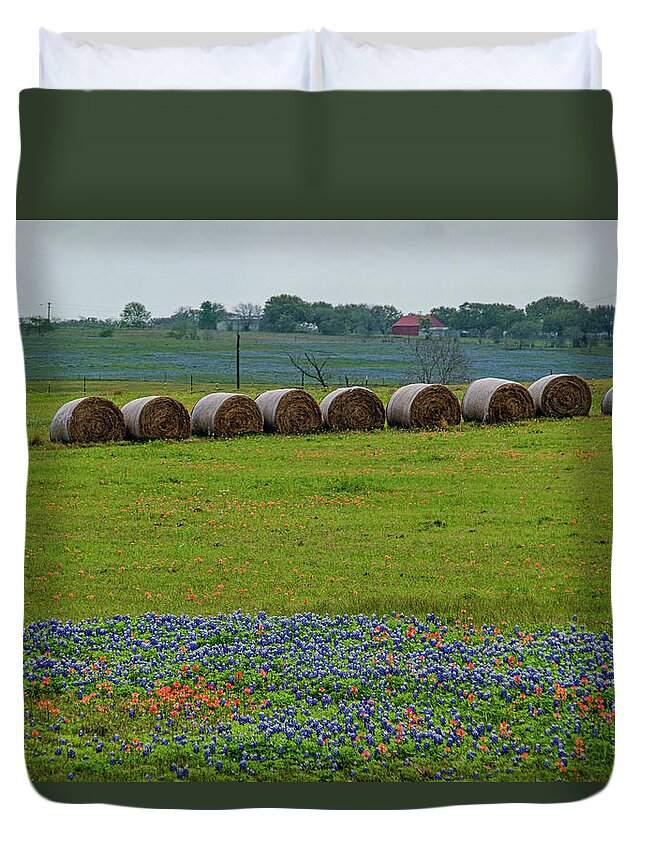 Texas Bluebonnets Duvet Cover featuring the photograph Hay Bales and Blues by Johnny Boyd