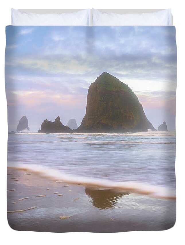 Cannon Beach Duvet Cover featuring the photograph Haystack Pastels by Darren White