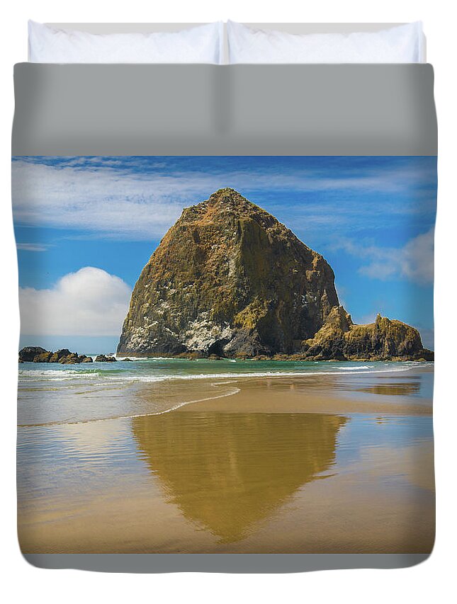 Beach Duvet Cover featuring the photograph Haystack Rock Reflection by Matthew DeGrushe