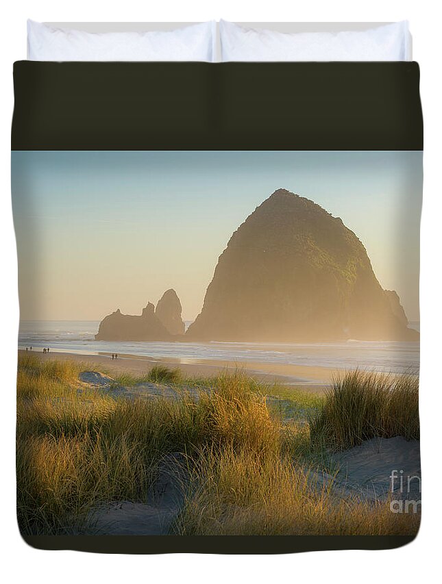 Haystack Rock Duvet Cover featuring the photograph Haystack Sunset by Brian Jannsen
