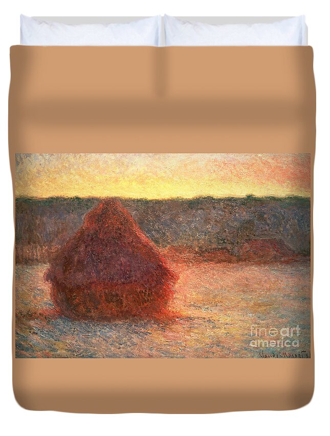 Haystacks At Sunset Duvet Cover featuring the painting Haystacks at Sunset by Claude Monet