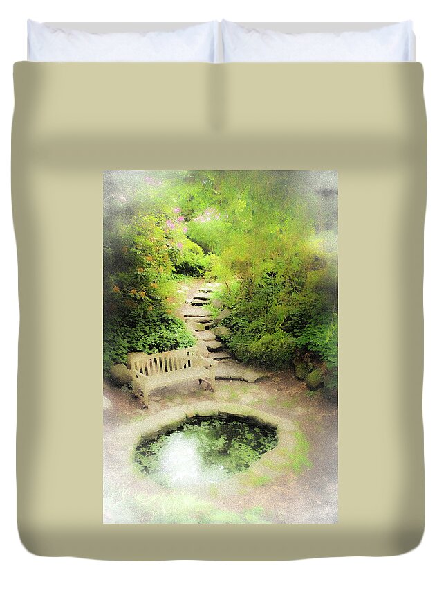 Pond Water Bench Stone Steps Fog Duvet Cover featuring the photograph Hazy Pond by John Linnemeyer
