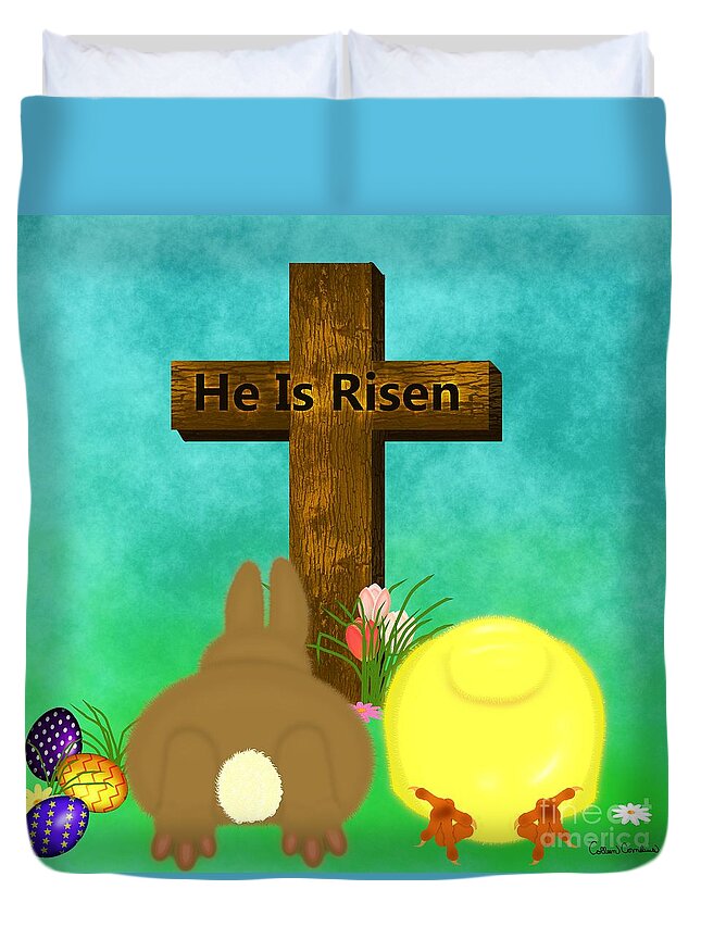 He Is Risen Duvet Cover featuring the digital art He Is Risen The Easter Bunny and Chick Bow to Cross by Colleen Cornelius