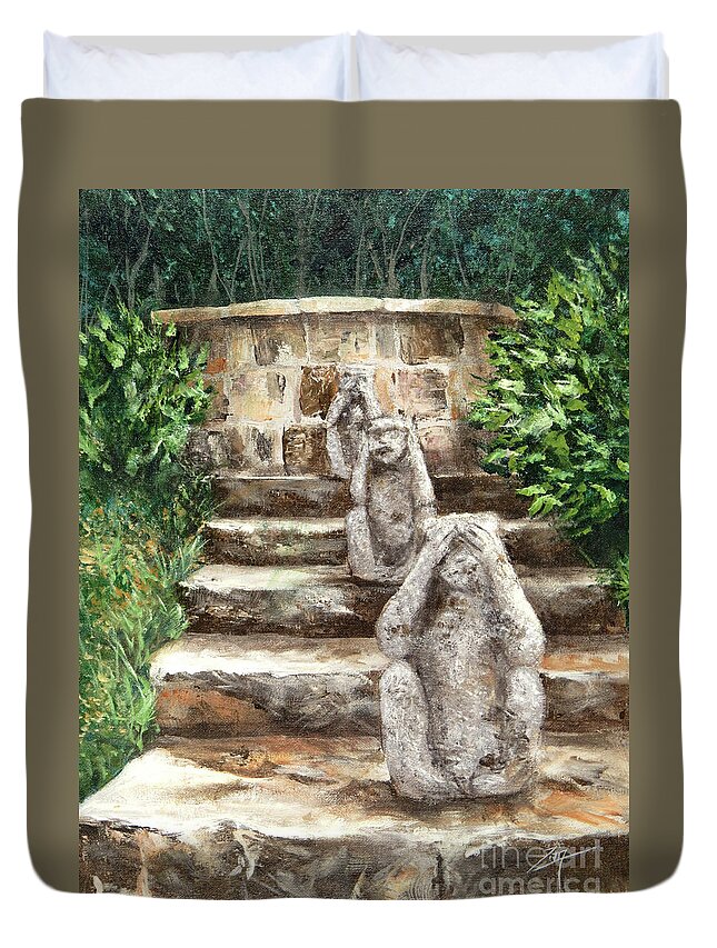 Wise Monkeys Duvet Cover featuring the painting Hear No Evil by Zan Savage