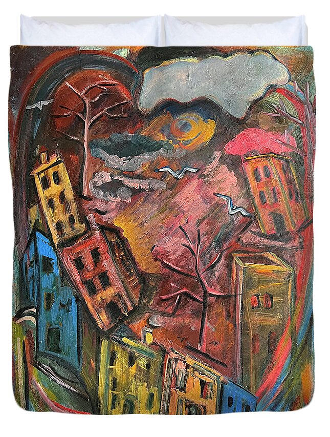 Artist Katt Yanda Duvet Cover featuring the painting Heart of the City by Katt Yanda
