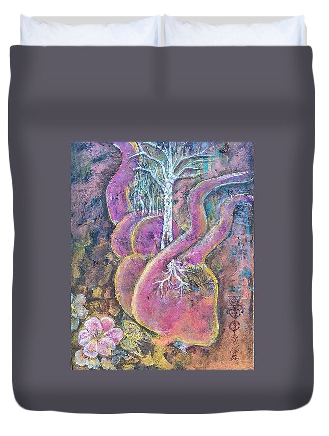 Heart Duvet Cover featuring the painting Hearts New Tree of Life by Feather Redfox