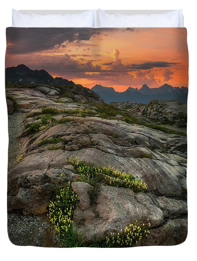 Sunset Duvet Cover featuring the photograph Heather Meadows and Goat Mountain Sunset by Ryan Manuel
