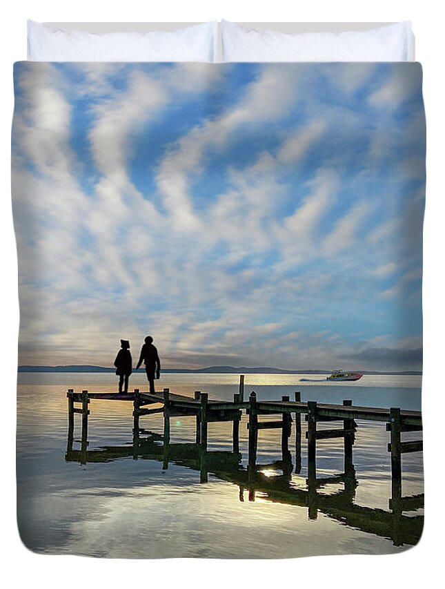 Heavenly Perception And Earthly. Wooden Pier Over Water A Surrealistic Adventure Duvet Cover featuring the photograph Heavenly Perception by David Zanzinger