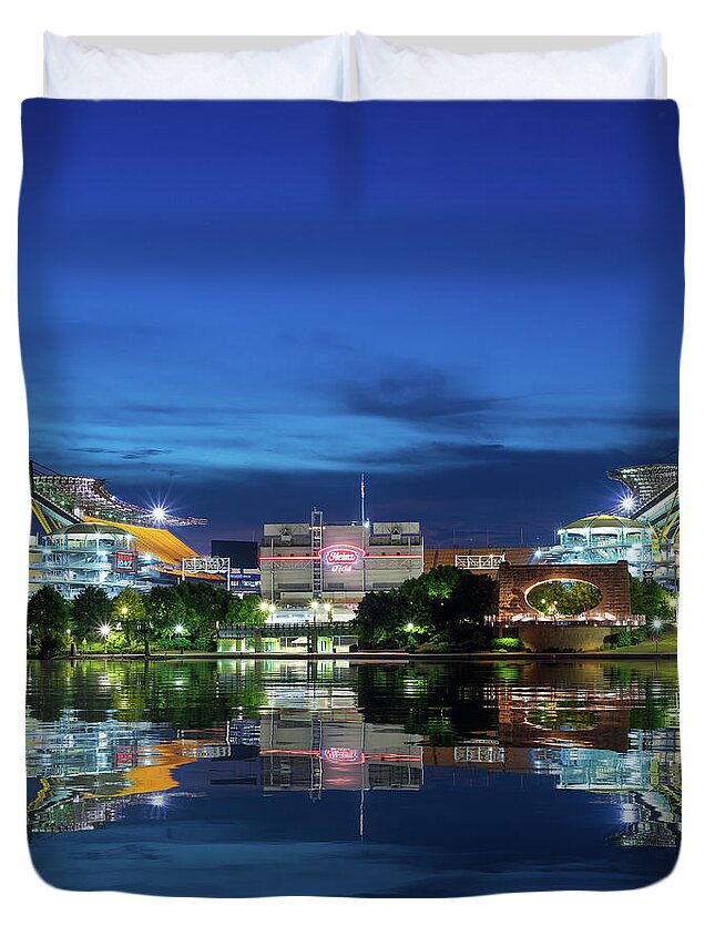 Heinz Field Duvet Cover featuring the photograph Heinz Field sports arena at night in reflection by Steven Heap