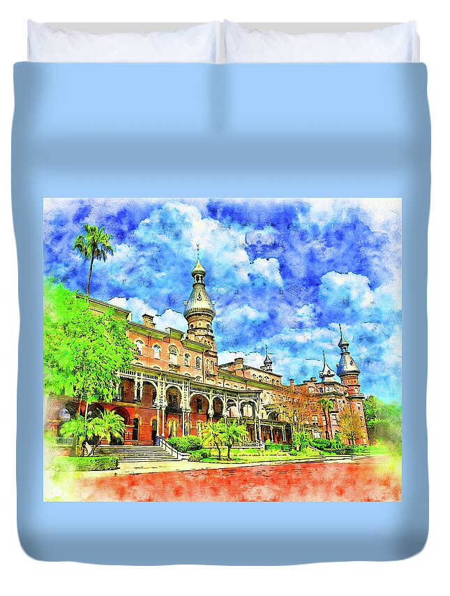 Henry B. Plant Museum Duvet Cover featuring the digital art Henry B. Plant Museum in Tampa, Florida - pen and watercolor by Nicko Prints