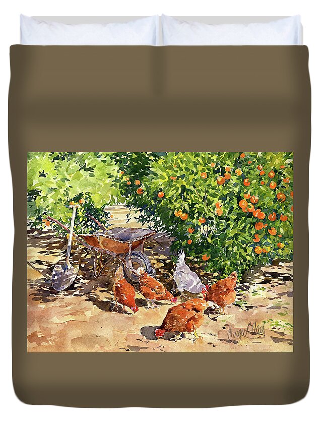 Oranges Duvet Cover featuring the painting Hens in my Orange Grove by Margaret Merry