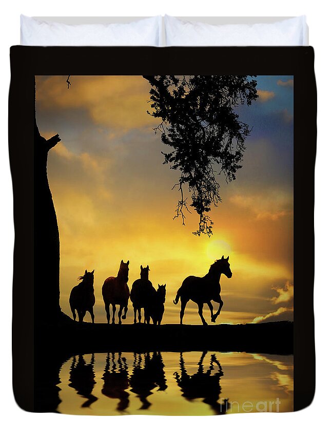 Horse Duvet Cover featuring the photograph Herd of Horses in Southwestern Colored Sunset Oak Tree Reflected in Pond of Water by Stephanie Laird