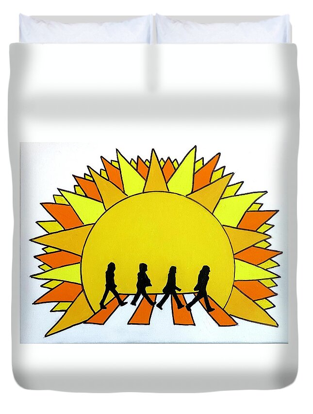 Beatles Sun Abbey Road Duvet Cover featuring the painting Here Comes The Sun by Mike Stanko