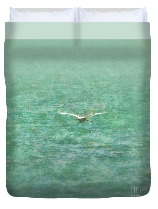 Heron Duvet Cover featuring the painting Heron over lake by Alexa Szlavics