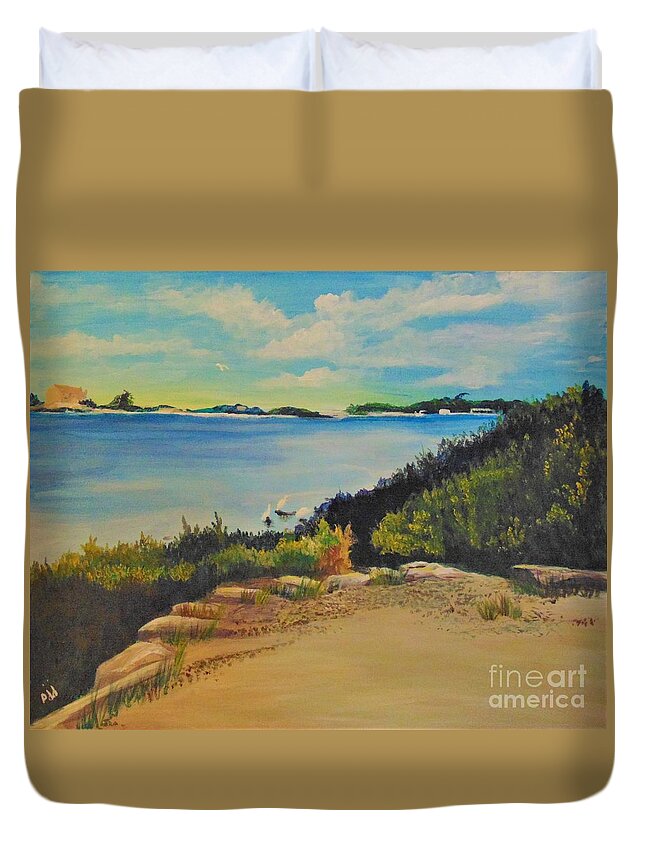Landscape Duvet Cover featuring the painting Herons at Waterfront Park by Saundra Johnson