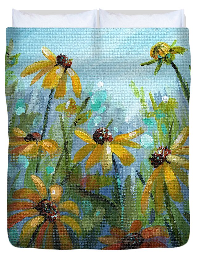 Flower Duvet Cover featuring the painting Hey Susans - Black Eyed Susan painting by Annie Troe