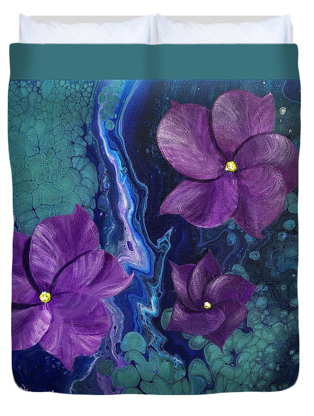 Blue Hibiscus Duvet Cover featuring the painting Hi, Biscus by Donna Manaraze