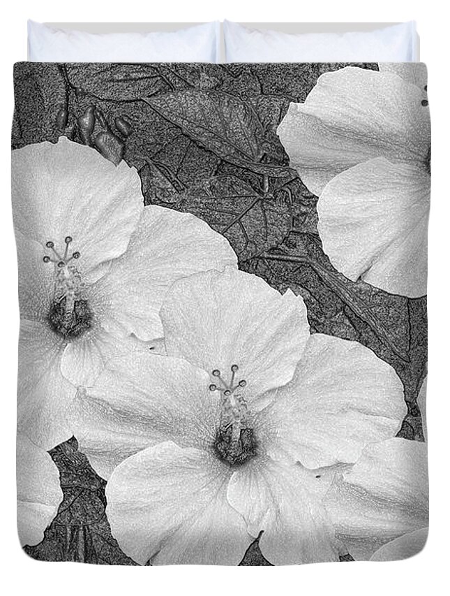Hibiscus Duvet Cover featuring the mixed media Hibiscus Artwork B/W by Debra Kewley