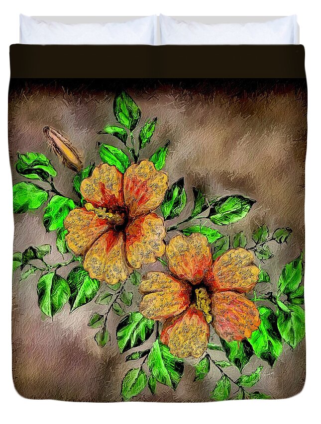 Autumn Duvet Cover featuring the mixed media Hibiscus flowers in Autumn by Anas Afash