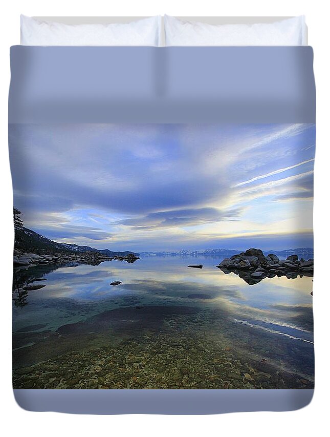 Lake Tahoe Duvet Cover featuring the photograph Hidden Beach Winter Sunset by Sean Sarsfield