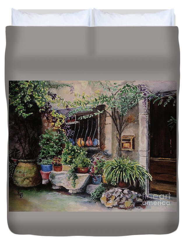 Courtyard Duvet Cover featuring the painting Hidden Courtyard by Karen Fleschler