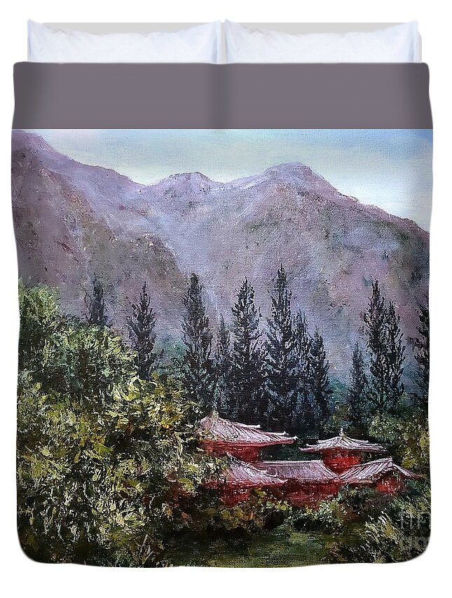 Pagoda Duvet Cover featuring the painting Hidden Pagoda by Zan Savage