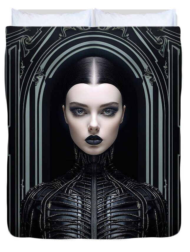 Woman Duvet Cover featuring the digital art High Fashion Model 03 Dark Goth Woman by Matthias Hauser