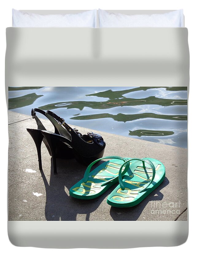 Shoe Duvet Cover featuring the photograph High Heels vs. Bathing Slippers by Thomas Schroeder