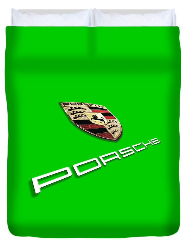 Porsche Badge Duvet Cover featuring the photograph High Res Quality Porsche Logo - Angled Hood Badge Isolated by Stefano Senise